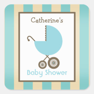 Baby Shower Blue Carriage & Stripes Square Sticker