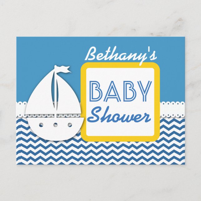 BABY SHOWER Blue Chevrons and Sailboat for Boy A01 Announcement Postcard (Front)