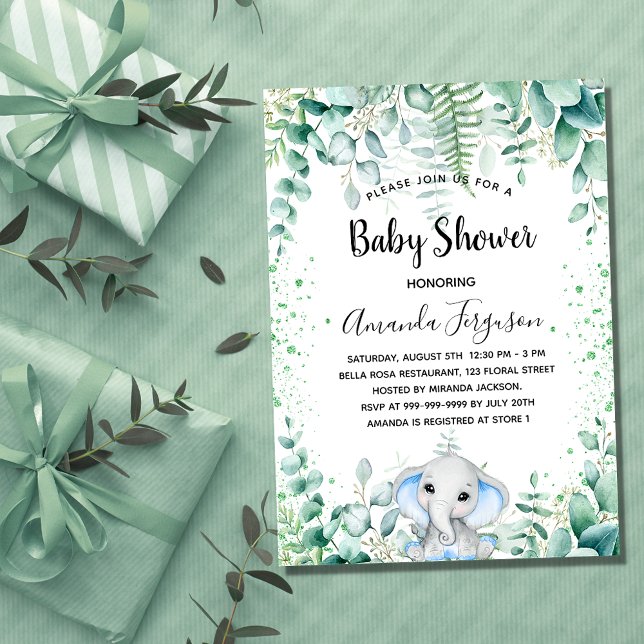 Baby Shower blue elephant boy eucalyptus luxury Invitation (Creator Uploaded)