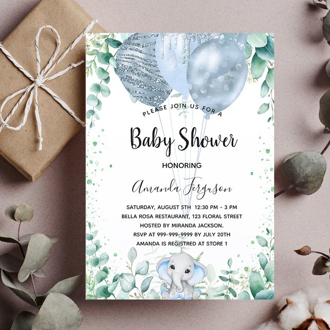 Baby Shower blue elephant greenery boy balloons Invitation (Creator Uploaded)