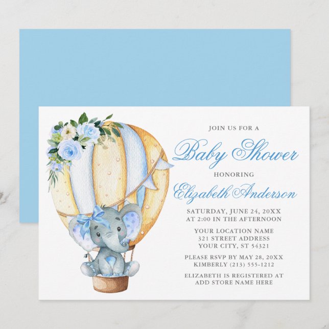Baby Shower Blue Floral Balloon Elephant Bow Invitation (Front/Back)