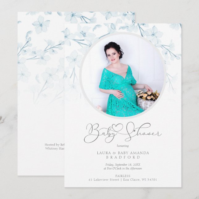 Baby Shower Blue Floral Botanical Photo Invitation (Front/Back)