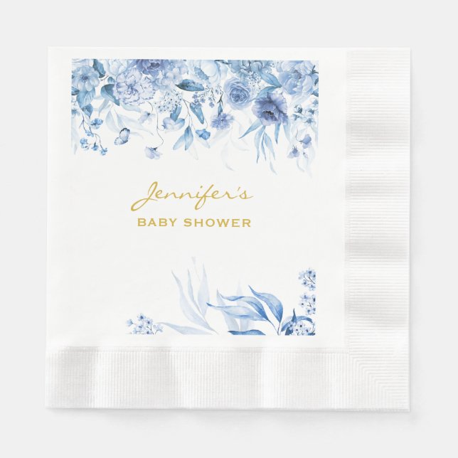 Baby Shower Blue Floral Drop Blue Coined Luncheon Napkin (Front)
