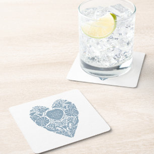 Baby shower blue folk flower heart pink square paper coaster