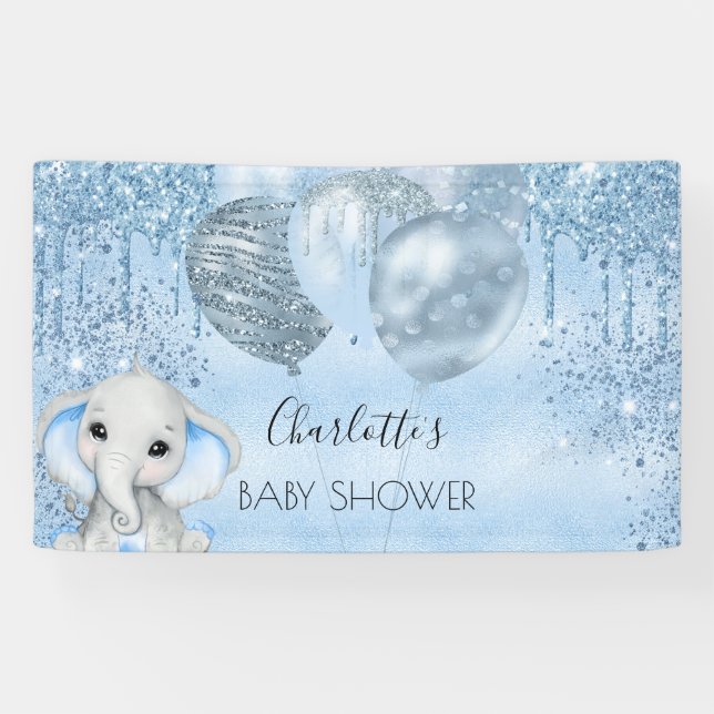 Baby Shower blue glitter elephant boy silver Banner (Horizontal)