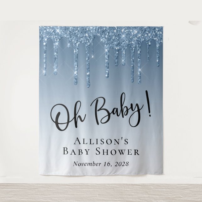 Baby Shower Blue Glitter Photo Backdrop Tapestry (Front)