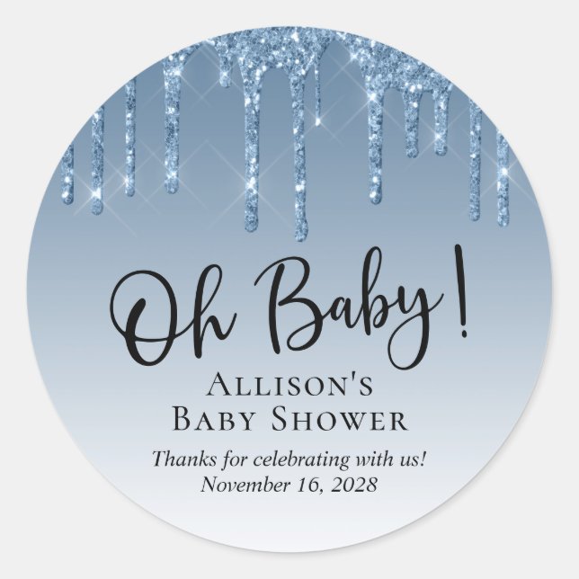 Baby Shower Blue Glitter Thank You Classic Round Sticker (Front)