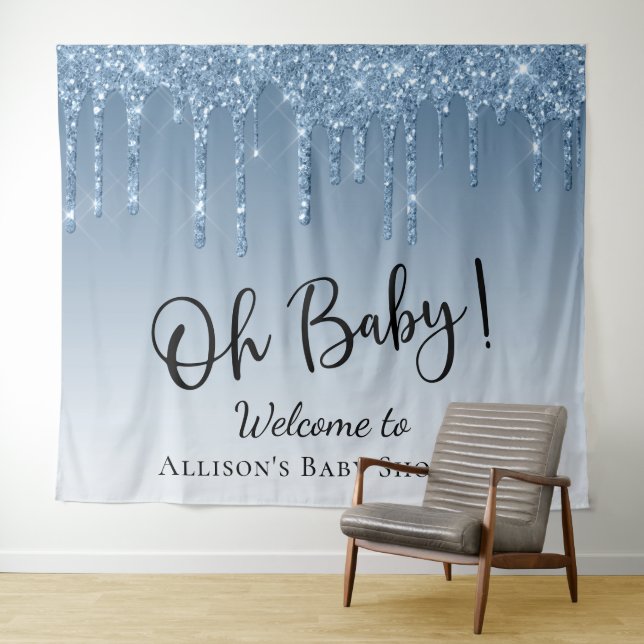 Baby Shower Blue Glitter Welcome Photo Backdrop Tapestry (In Situ (Horizontal))