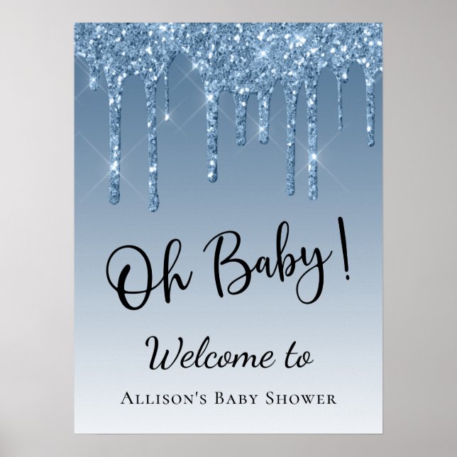 Baby Shower Blue Glitter Welcome Poster (Front)