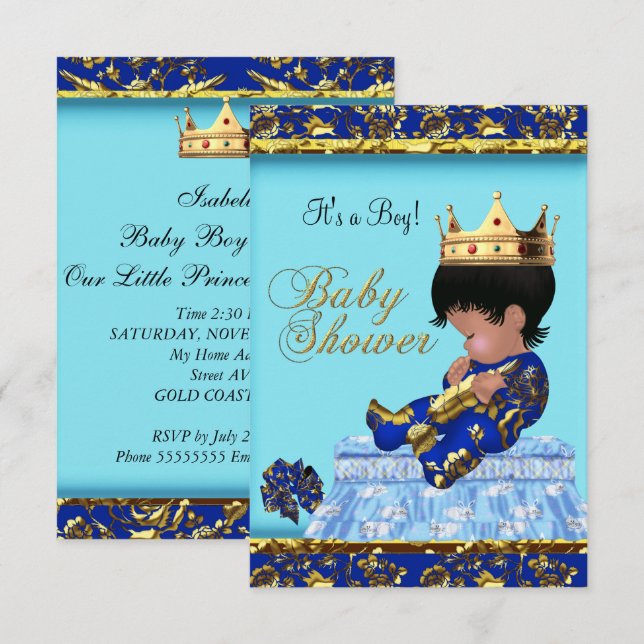 Baby Shower Blue Gold Boy prince Invitation (Front/Back)