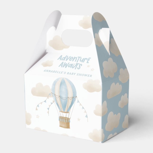 Baby shower blue hot air balloon adventure awaits favour box (Front Side)