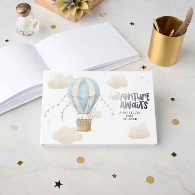 Baby shower blue hot air balloon adventure awaits guest book (Front Open)