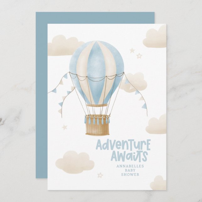 Baby shower blue hot air balloon adventure awaits invitation (Front/Back)