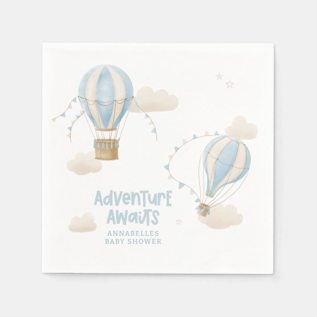 Baby shower blue hot air balloon adventure awaits napkin (Front)