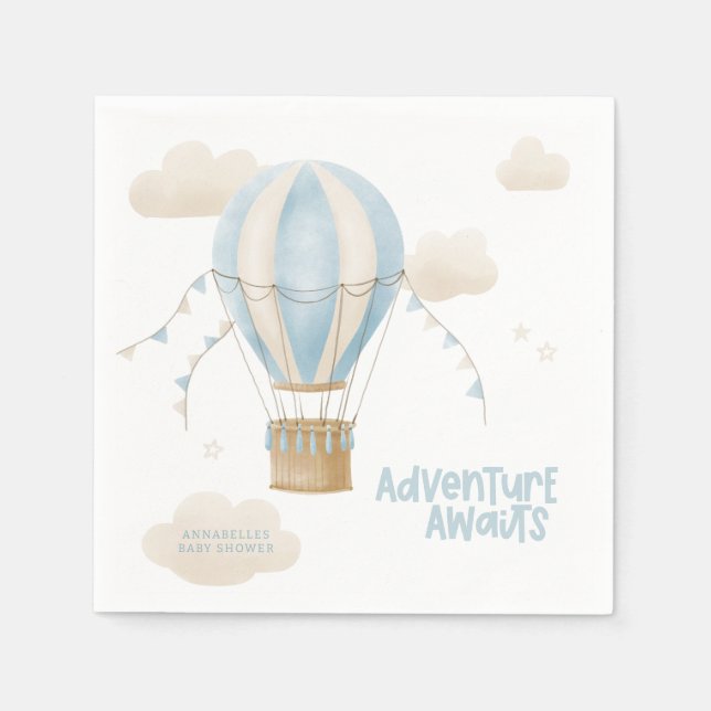 Baby shower blue hot air balloon adventure awaits napkin (Front)