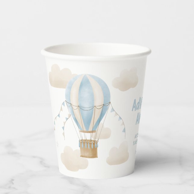 Baby shower blue hot air balloon adventure awaits paper cups (Front)