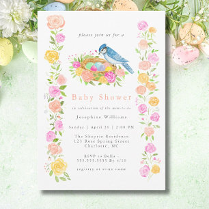 Baby Shower Blue Jay with Birds Nest and Roses  Invitation