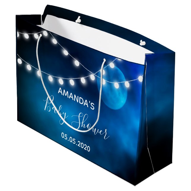 Baby shower blue moon light string name large gift bag (Back Angled)