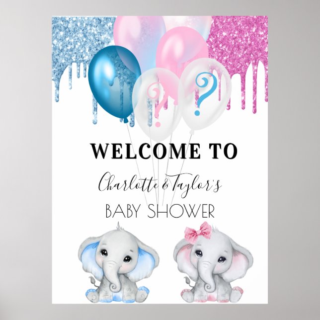 Baby Shower blue pink glitter elephants welcome Poster (Front)
