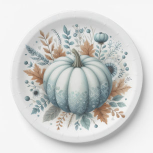 Baby Shower blue pumpkin Coastal fall Paper Plate