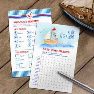 Baby shower blue red word search baby match game  flyer