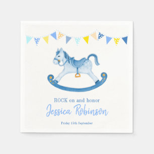 Baby shower blue rock rocking horse honouring name napkin