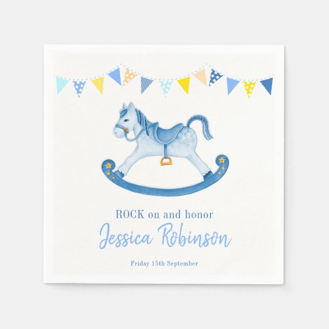 Baby shower blue rock rocking horse honouring name napkin (Front)