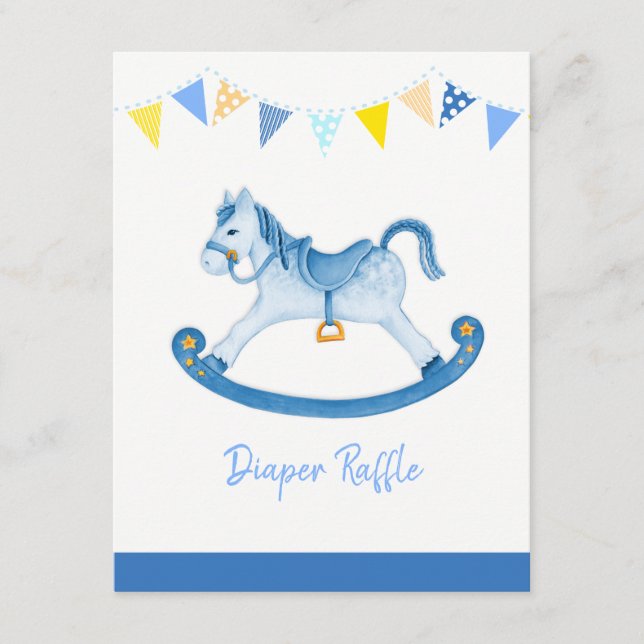 Baby shower blue rocking horse diaper raffle enclosure card (Front)
