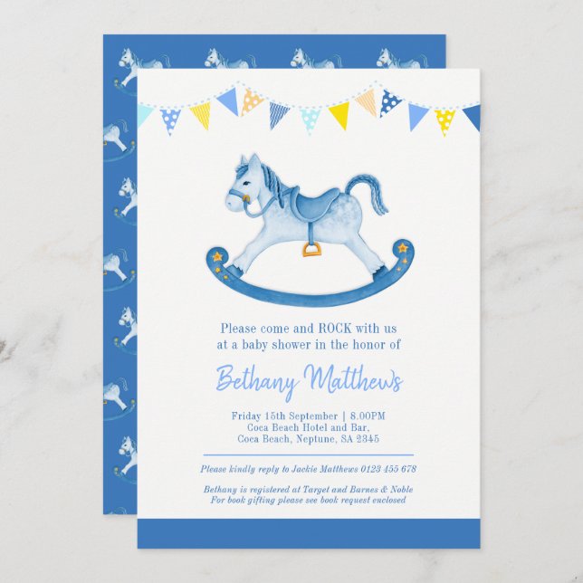Baby shower blue rocking horse invitations (Front/Back)