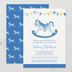 Baby shower blue rocking horse invitations