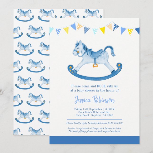Baby shower blue rocking horse invitations (Front/Back)