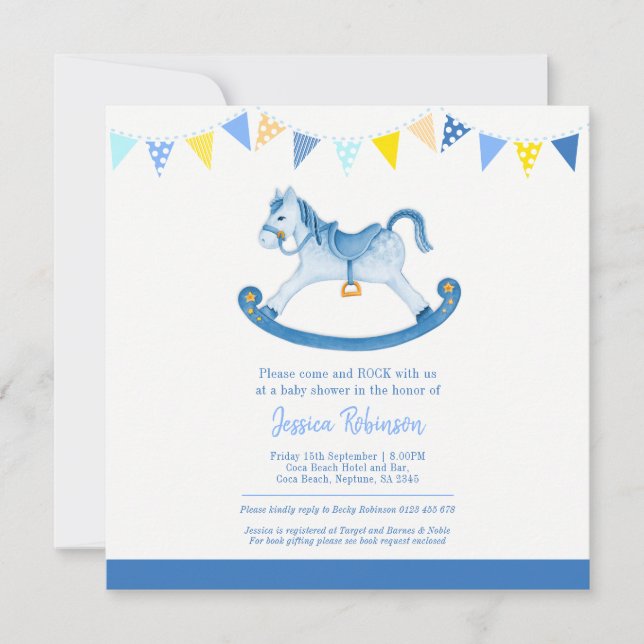 Baby shower blue rocking horse square invitations (Front)