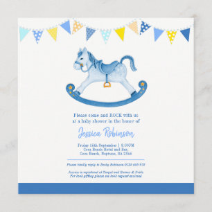 Baby shower blue rocking horse square invitations