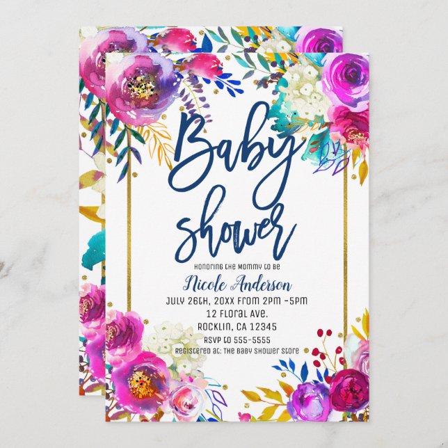 Baby Shower Blue Script Bold Watercolor Floral Invitation (Front/Back)