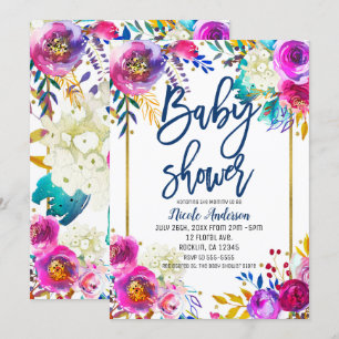 Baby Shower Blue Script Bold Watercolor Floral Invitation