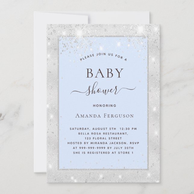 Baby shower blue silver glitter boy invitation (Front)