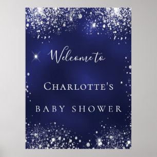 Baby Shower blue silver glitter sparkle welcome Poster