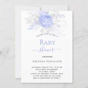 Baby Shower blue silver white flowers boy Invitation