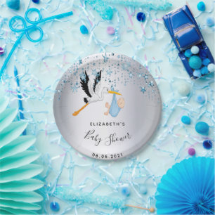 Baby shower blue stars stork boy paper plate