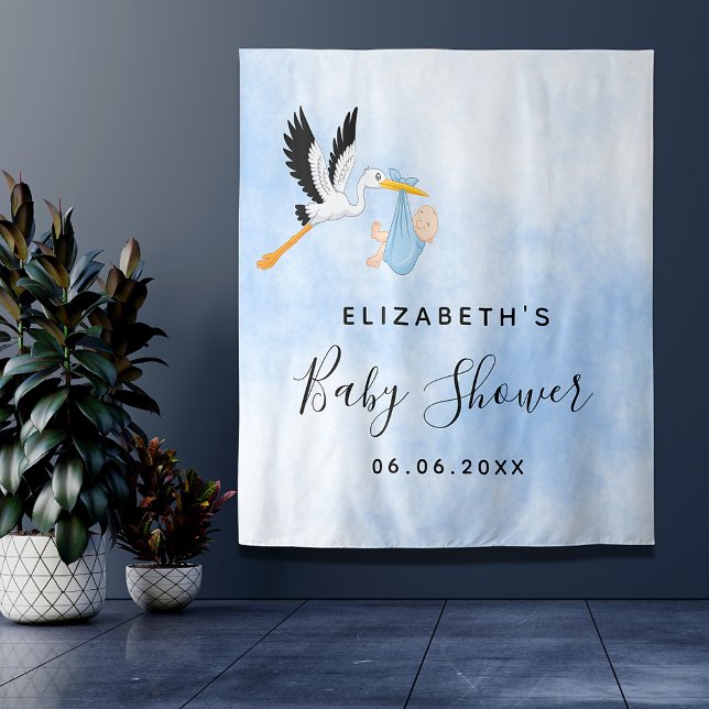 Baby Shower blue stork boy cute Tapestry (Creator Uploaded)