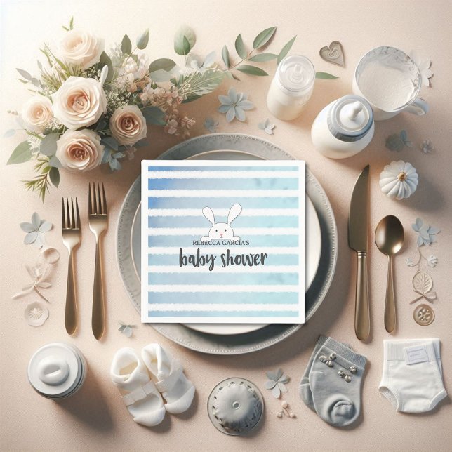 Baby Shower Blue Stripe White Bunny Rabbit Napkin (Creator Uploaded)