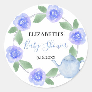 Baby Shower Blue Teapot Floral Baby Boy is Brewing Classic Round Sticker