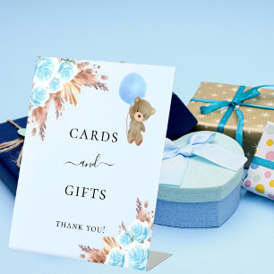 Baby shower blue teddy pampas grass cards gifts pedestal sign
