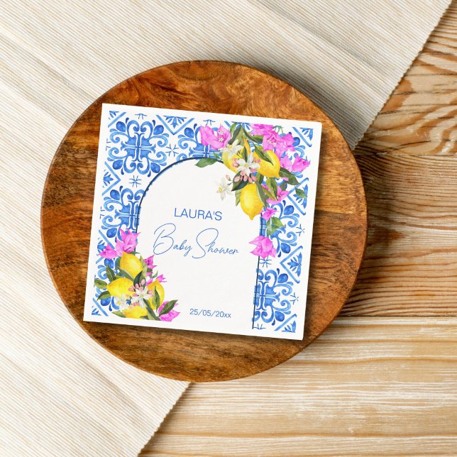 Baby Shower Blue Tiles Lemons bougainvillea Napkin (Baby Shower Blue Tiles Lemons bougainvillea template Napkins personalized baby shower tableware)