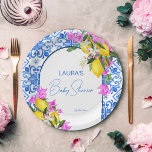 Baby Shower Blue Tiles Lemons bougainvillea Paper Plate<br><div class="desc">Blue Tiles Lemons and Bougainvillea elegant Mediterranean Greek Italian Santorini Mykonos themed baby shower template party plates personalised baby shower tableware</div>