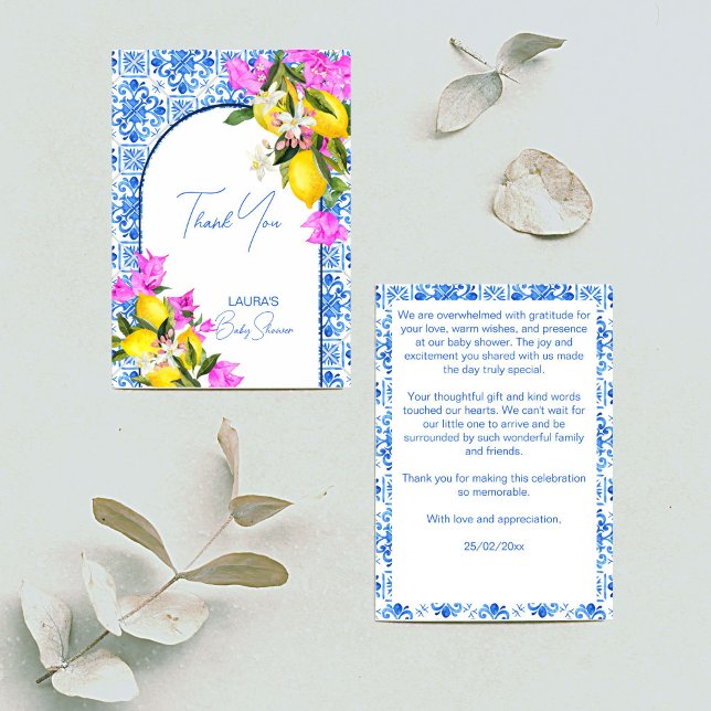 Baby Shower Blue Tiles Lemons bougainvillea Thank You Card (Baby Shower Blue Tiles Lemons bougainvillea Mediterranean Italian Greek themed Thank You Card)