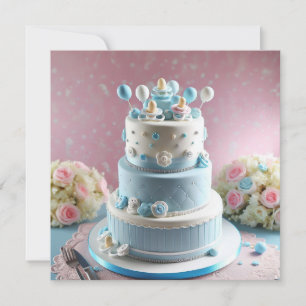 BABY SHOWER, BLUE & WHITE CAKE WITH PACIFIERS INVITATION