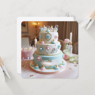 BABY SHOWER, BLUE & WHITE CAKE WITH PACIFIERS INVITATION
