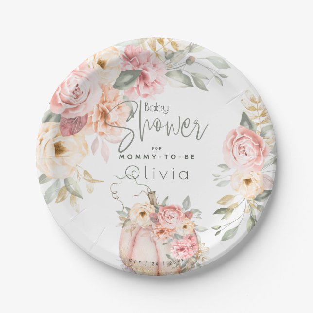Baby Shower | Blush Coral Pumpkin Peony Floral Paper Plate (Front)