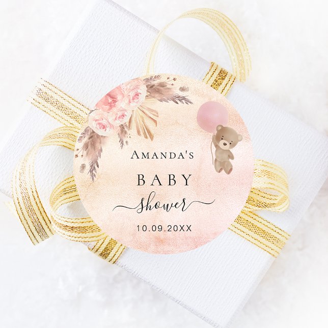 Baby Shower blush pampas grass rose teddy Classic Round Sticker (Creator Uploaded)